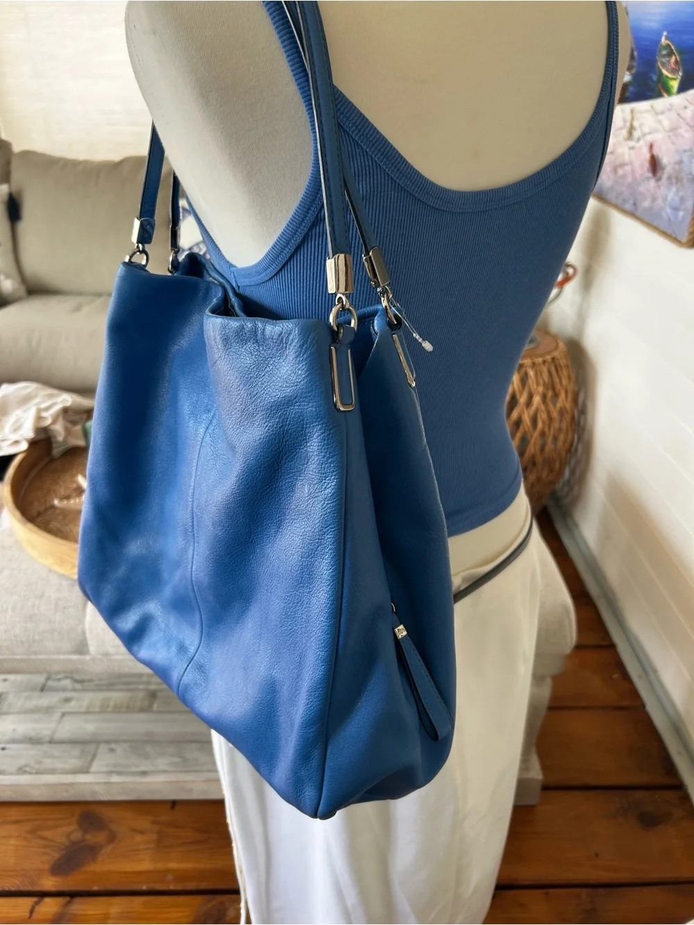 Coach Blue Leather Hobo Shoulder Bag Large Slouchy Tote Purse preloved
